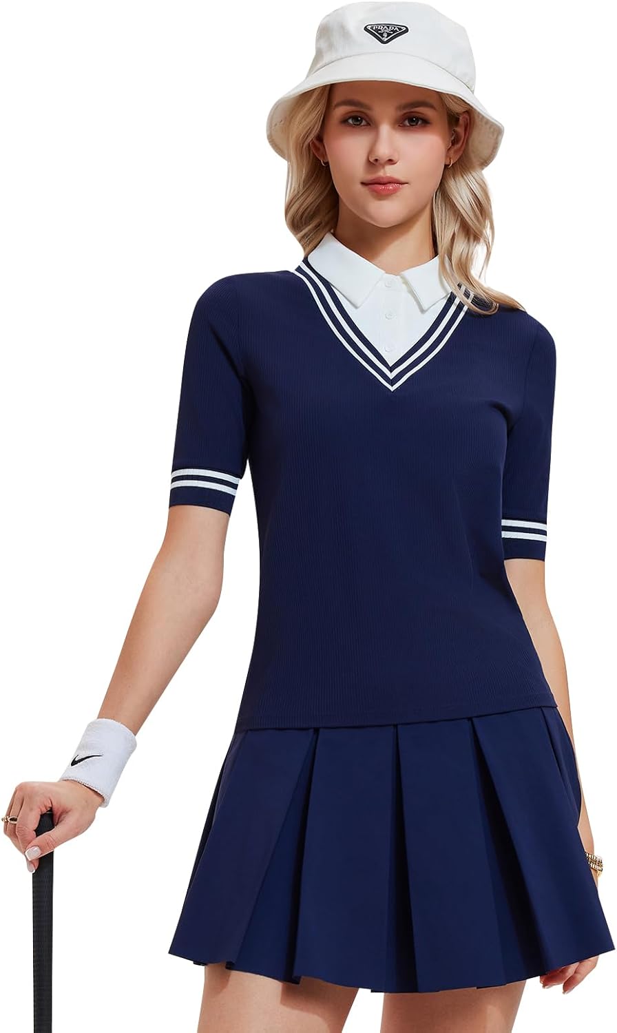 Women's 2 Piece Golf Outfit Set V-Neck Polo Shirt & High Waisted Pleated Tennis Skort with Pockets