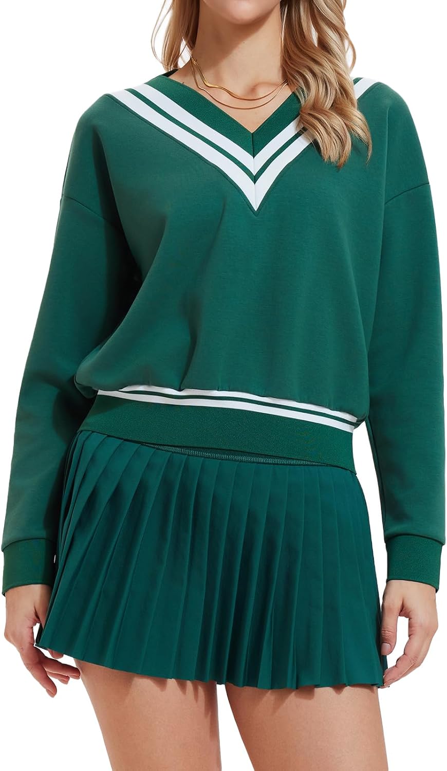 Womens Sweatsuits 2 Piece Set Color Block V Neck Sweatshirts High Waisted Tennis Running Golf Tracksuits Skirts Sets