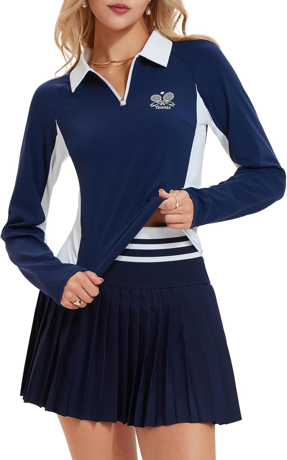 Airfree Women's Golf and Tennis Shirts Half-Zip Color Block Longsleeve Polo Shirts Collared Tops with Tennis Skirt Set