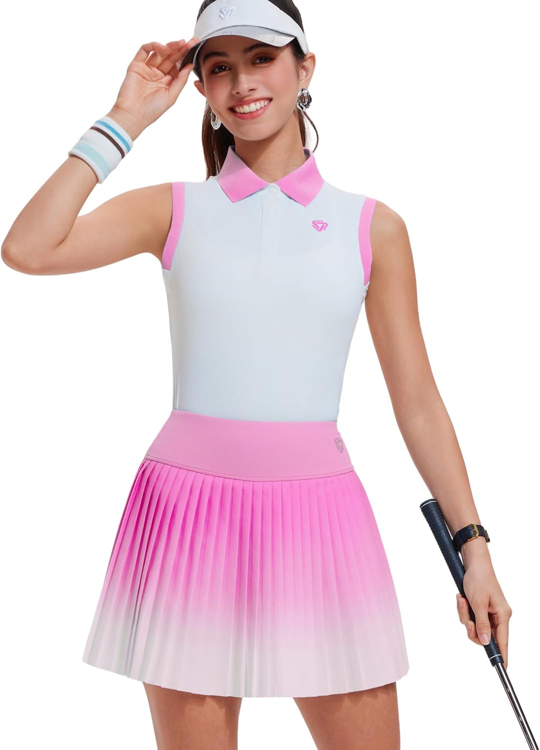 AFZ Women's Two Piece Tennis Skirt Sets Polo Sleeveless Ombre Pleated Pickleball Golf Outfits with Shorts and Pockets