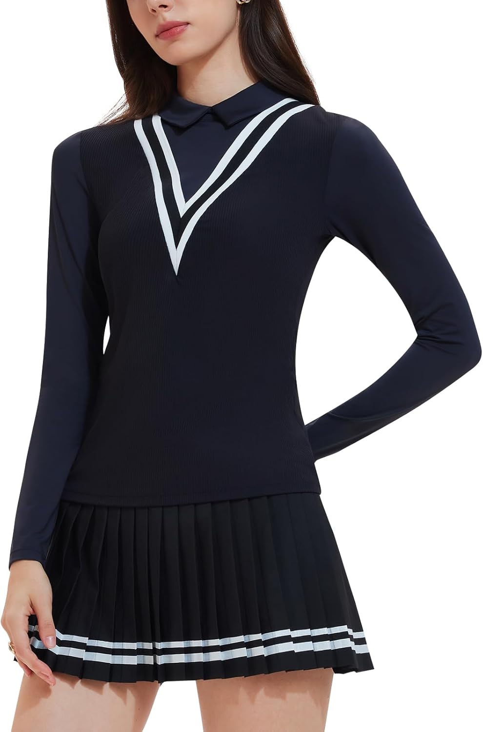 Women's 2 Piece Tennis Skirt Set - Long Sleeve Preppy Polo Top & Pleated Skorts Athletic Outfit