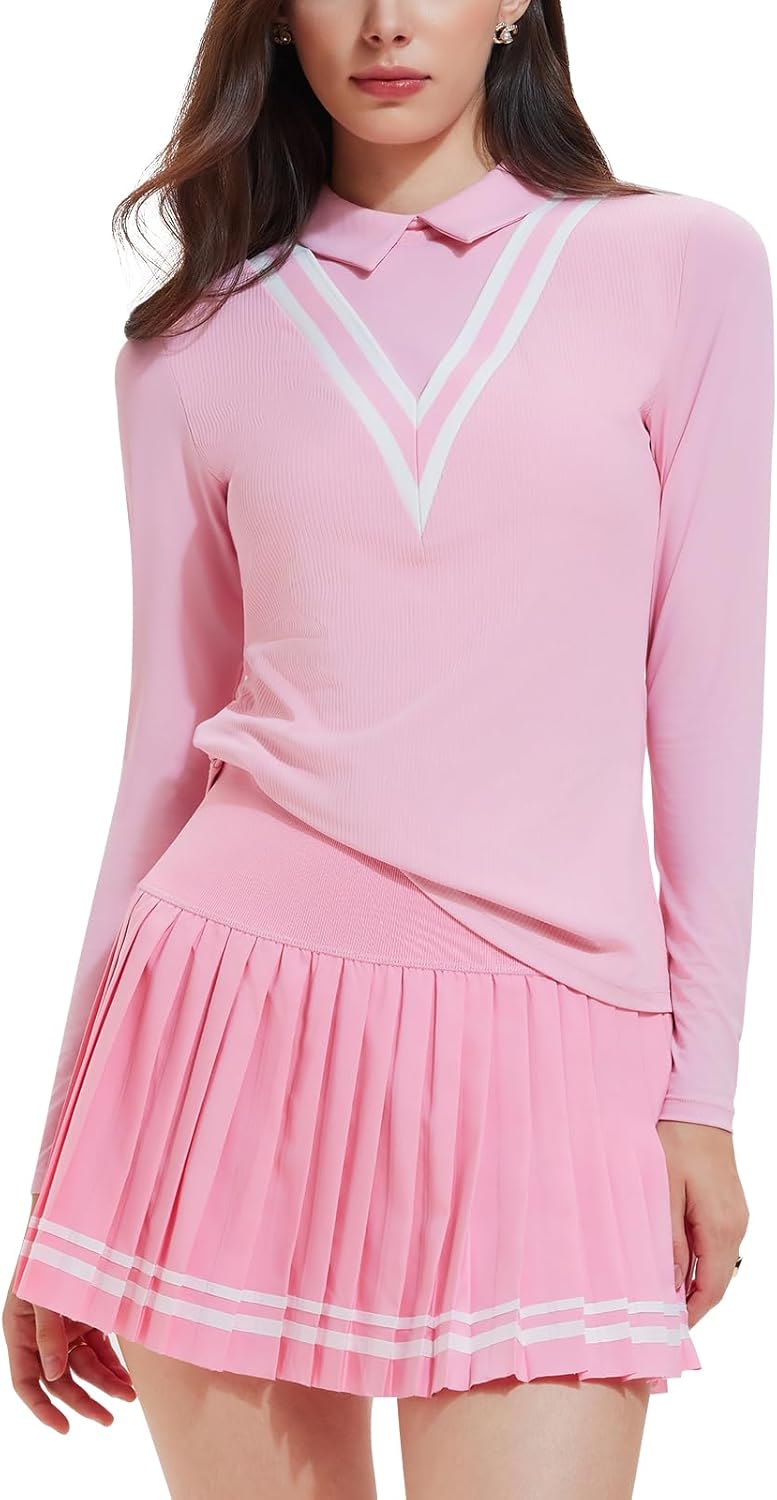 Women's 2 Piece Tennis Skirt Set - Long Sleeve Preppy Polo Top & Pleated Skorts Athletic Outfit