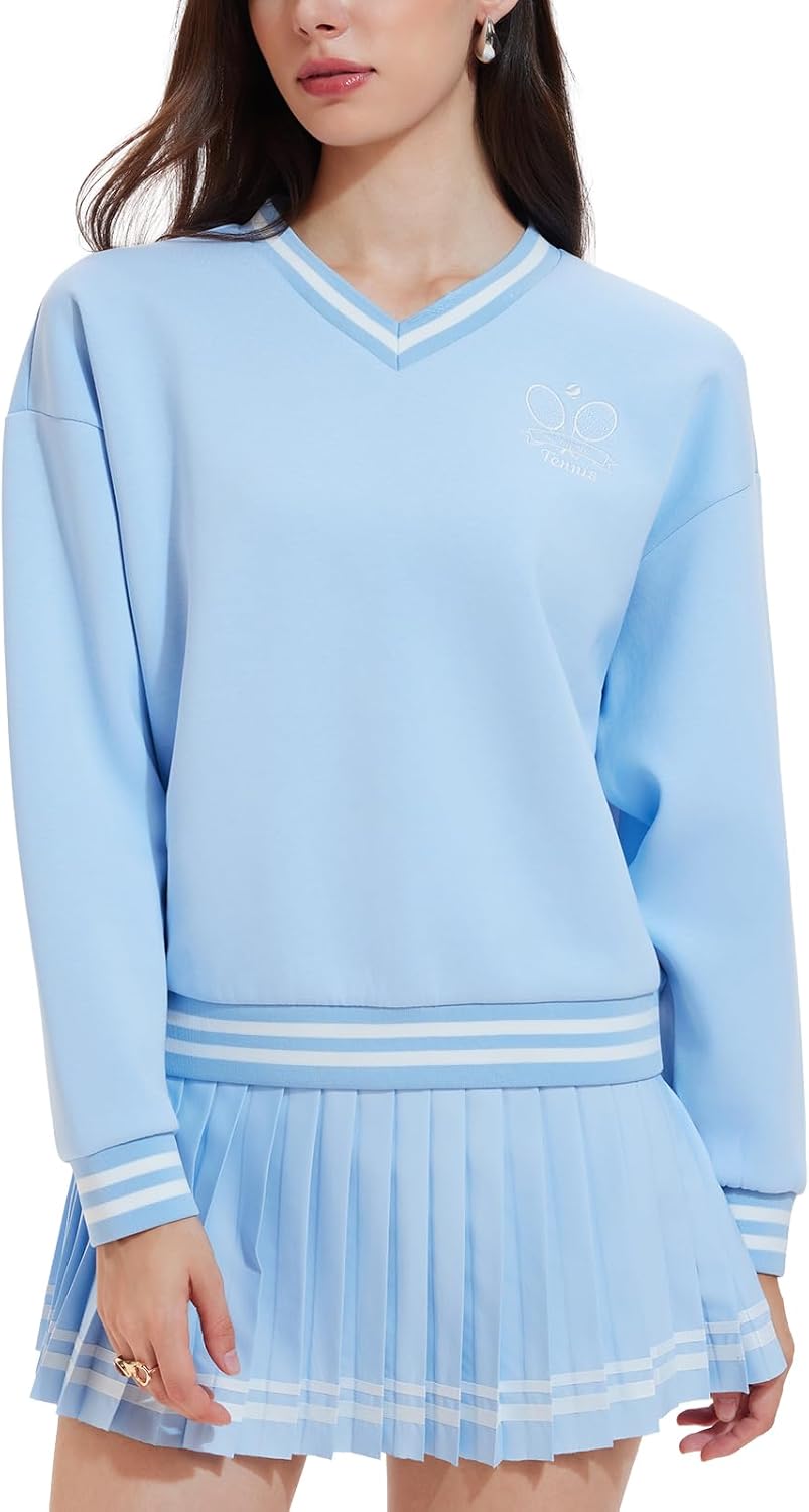 Women's Long Sleeve Tennis Skirt Set - 2 Piece Golf Outfit with V-Neck Sweater & Skort
