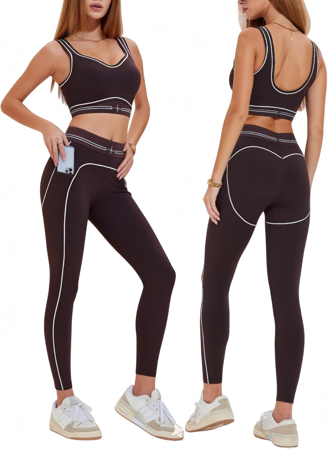 Yoga Sets for Women with Pockets - 2 Piece Workout Pilates Outfits Leggings and Sports Bra