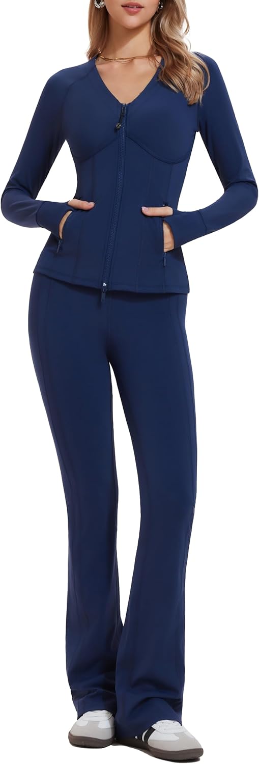 Mudere Womens 2 Piece Workout Set with Zip Up Long Sleeve Jacket High Waisted Flare Leggings Yoga Outfits