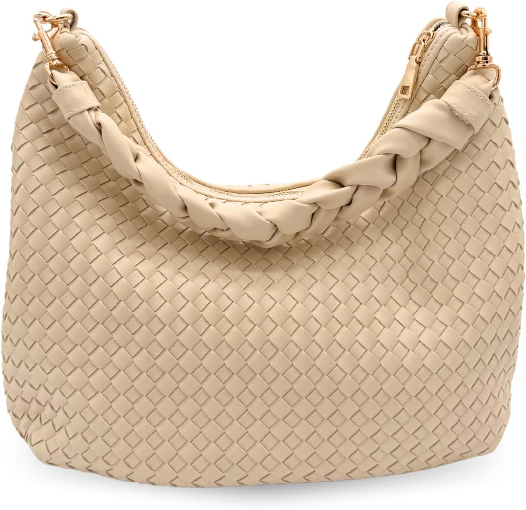 Woven Vegan Leather Shoulder Bag with Removable Adjustable Crossbody Strap