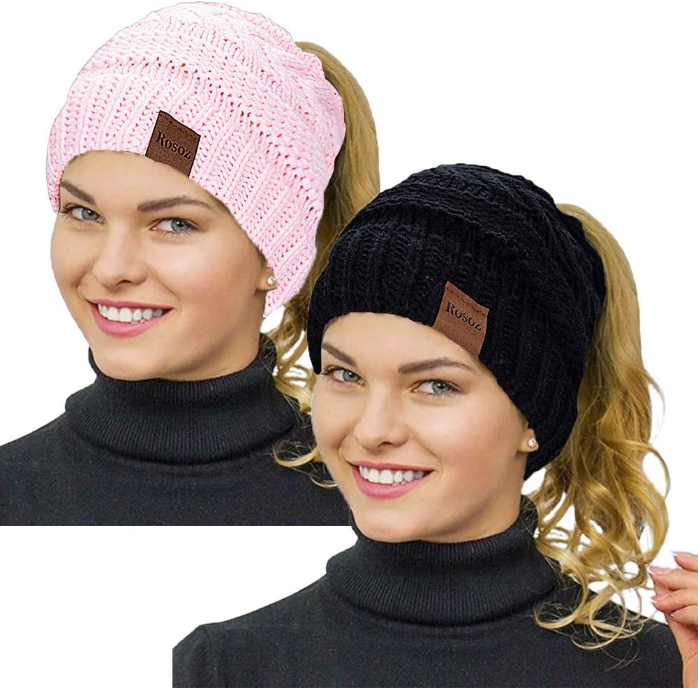 2 Pack Ponytail Beanie for Women, Winter Warm Soft Stretch Cable Knit Messy High Bun Hat