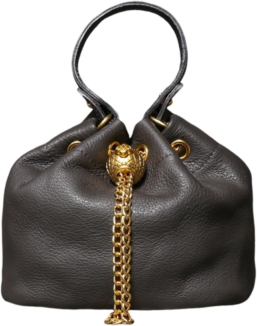 Genuine Leather Bucket Bag with Gold-Tone Chain Strap and Quilted Sphere Detail