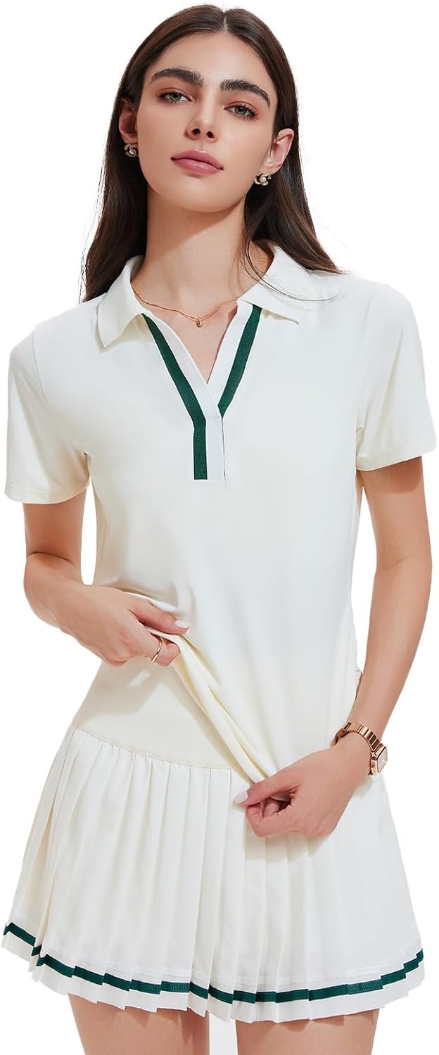 Women's 2 Piece Pleated Tennis Skirt Set - V-Neck Polo Athletic Outfit with Pockets