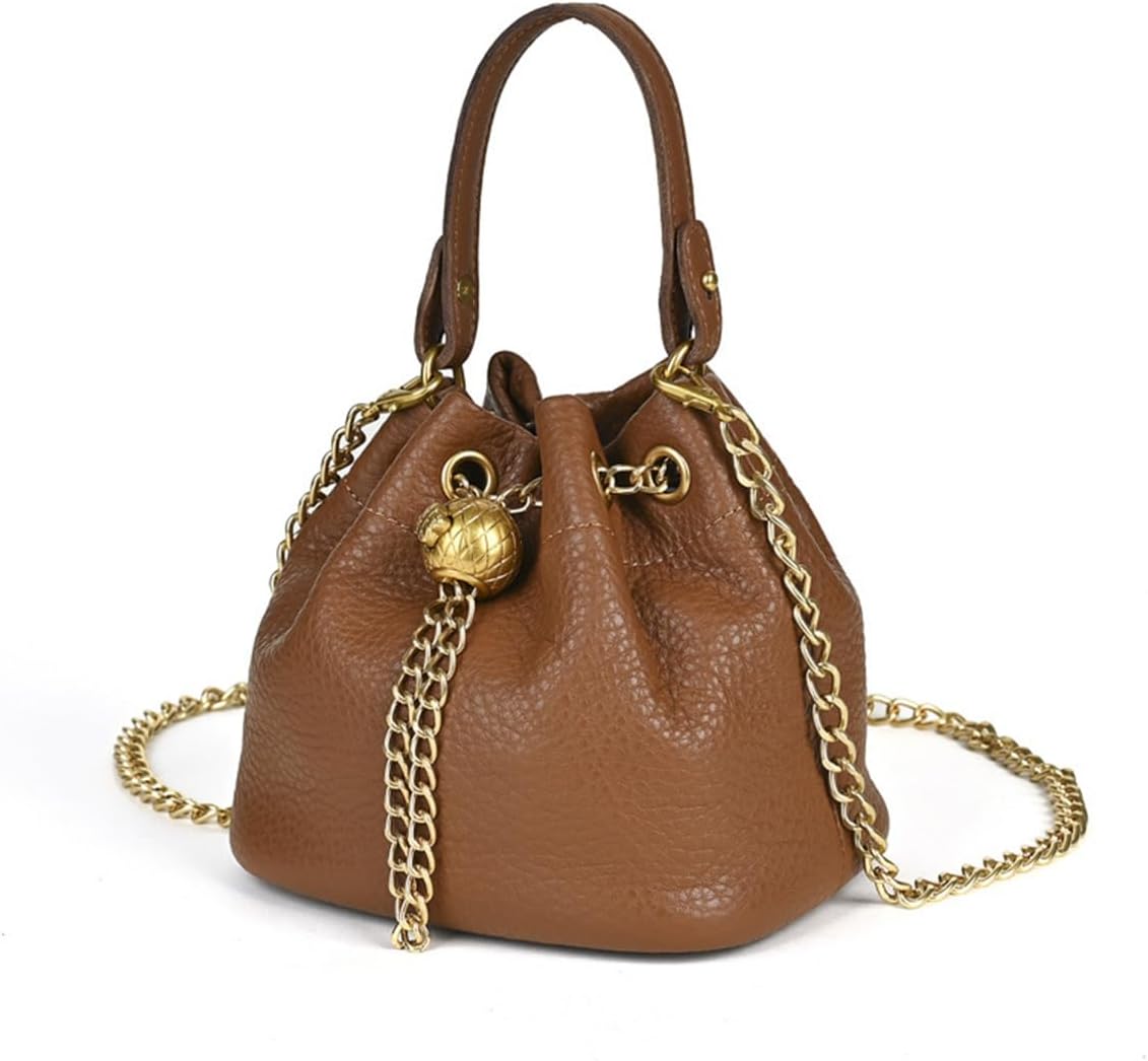 Genuine Leather Bucket Bag with Gold-Tone Chain Strap and Quilted Detail