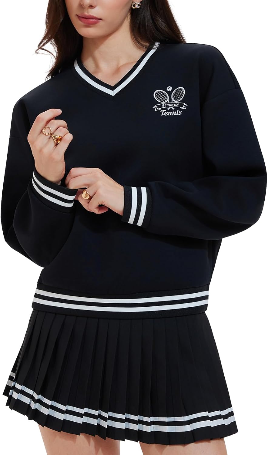 Women's Long Sleeve Tennis Skirt Set - 2 Piece Golf Outfit with V-Neck Sweater & Skort