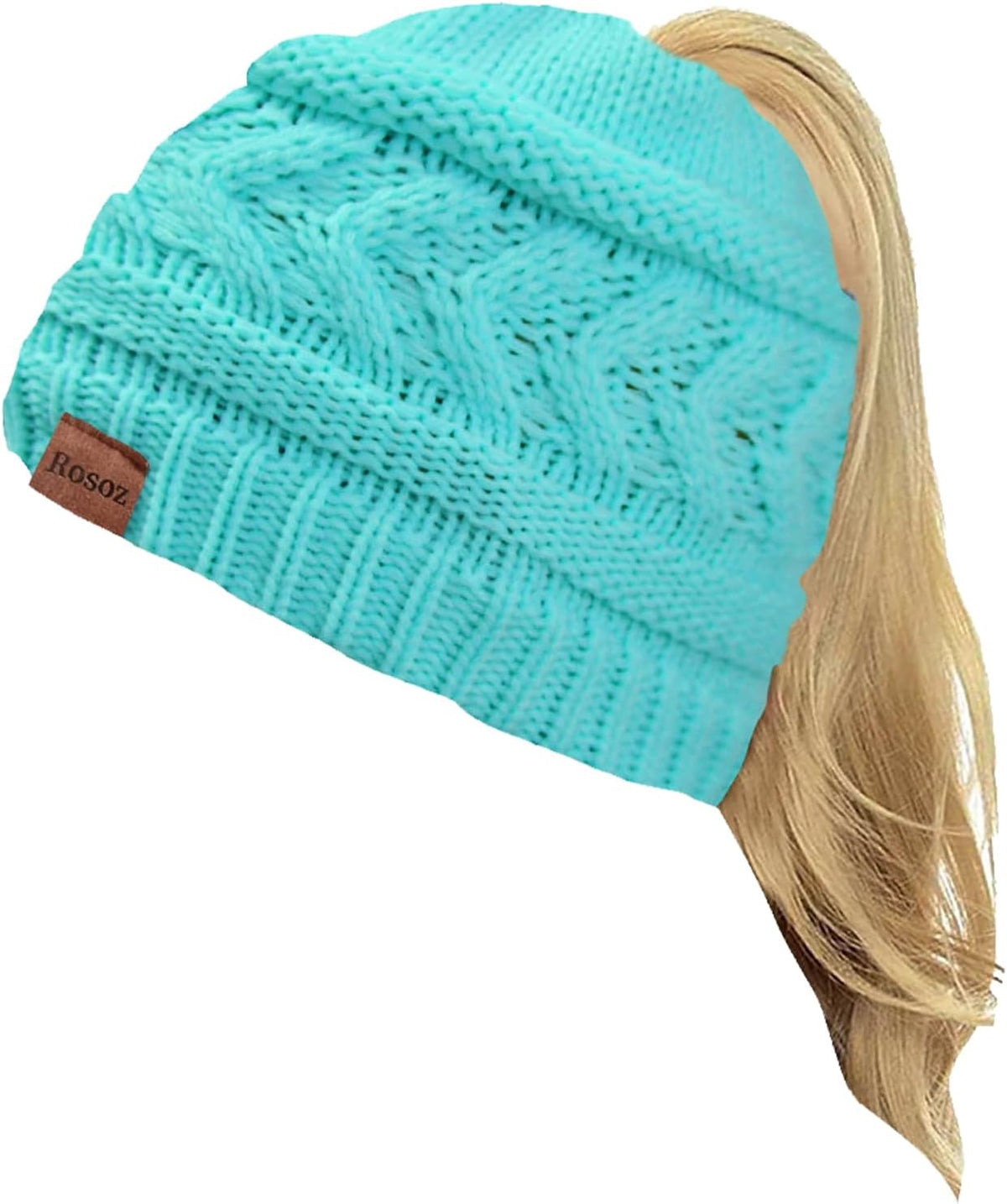 2 Pack Ponytail Beanie for Women, Winter Warm Soft Stretch Cable Knit Messy High Bun Hat