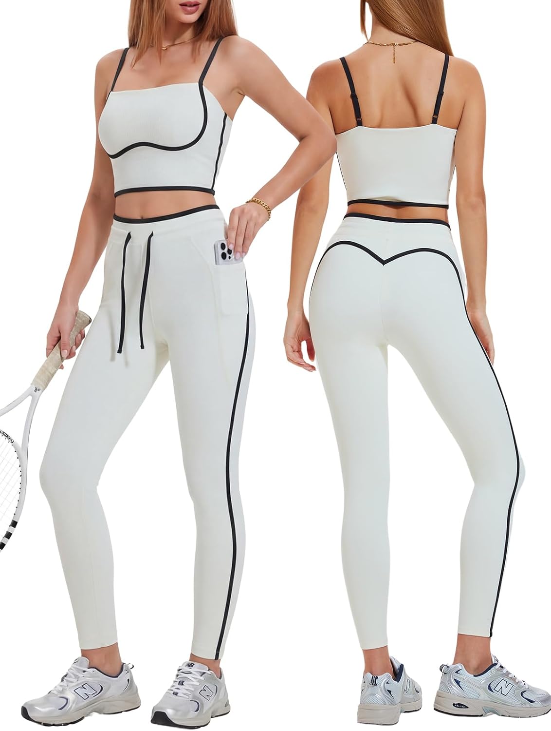Women's 2 Piece Workout Set with Pockets Square Neck Leggings for Gym Yoga
