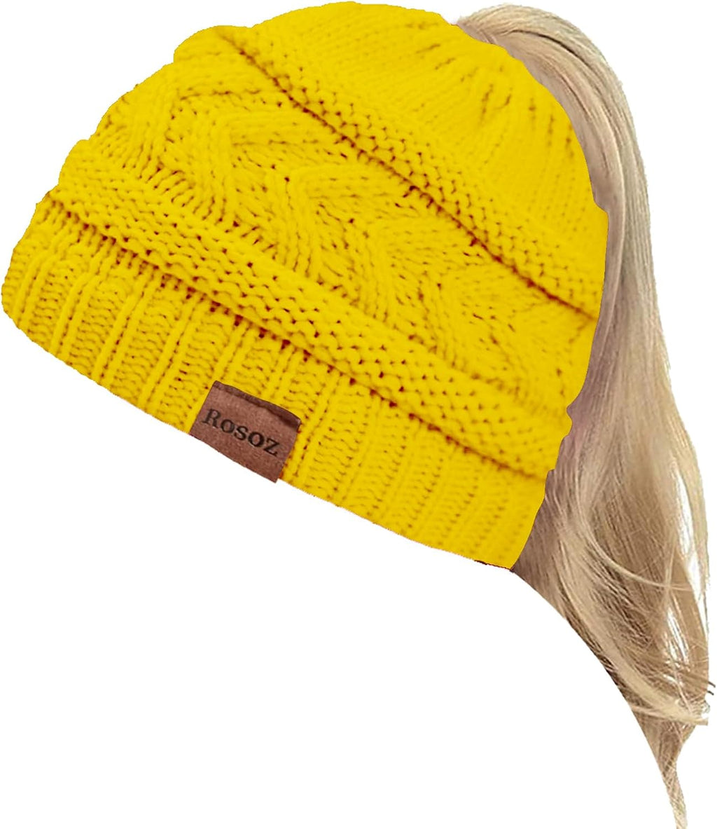 2 Pack Ponytail Beanie for Women, Winter Warm Soft Stretch Cable Knit Messy High Bun Hat