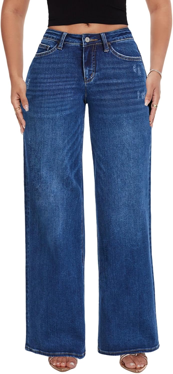 Mid-Low Rise Baggy Jeans Wide Leg for Women Distressed Stretchy Denim Pants