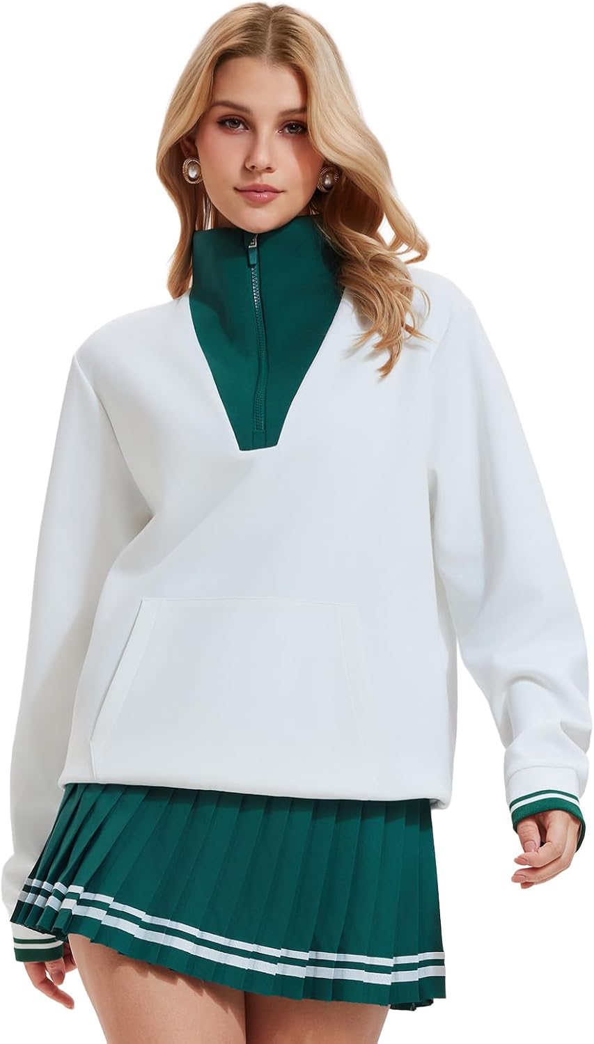 Women's 2 Piece Tennis Skirt Set - Long Sleeve Half Zip Warm Pickleball Outfits with Pockets