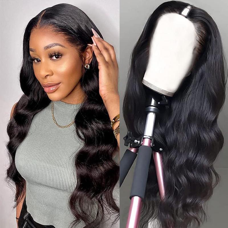 V Part Body Wave Human Hair Wig with Invisible Strap and Drawstring, 180% Density Glueless Wig