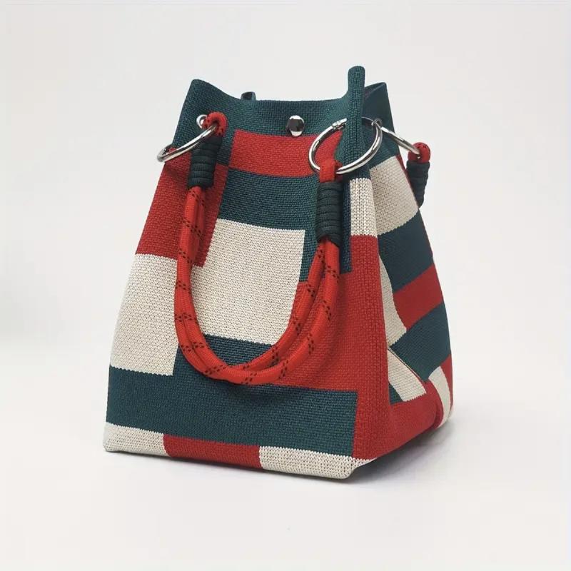 Boho Woven Polyester Bucket Bag, Handmade Knitted Crochet Shoulder Bag for Travel and Beach