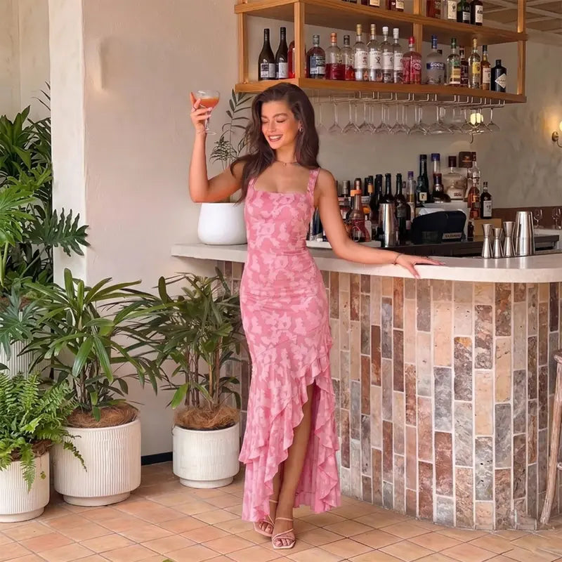 Chic Floral Embroidery Mermaid Maxi Dress - Sexy Square Neck Ruched Bodycon Gown