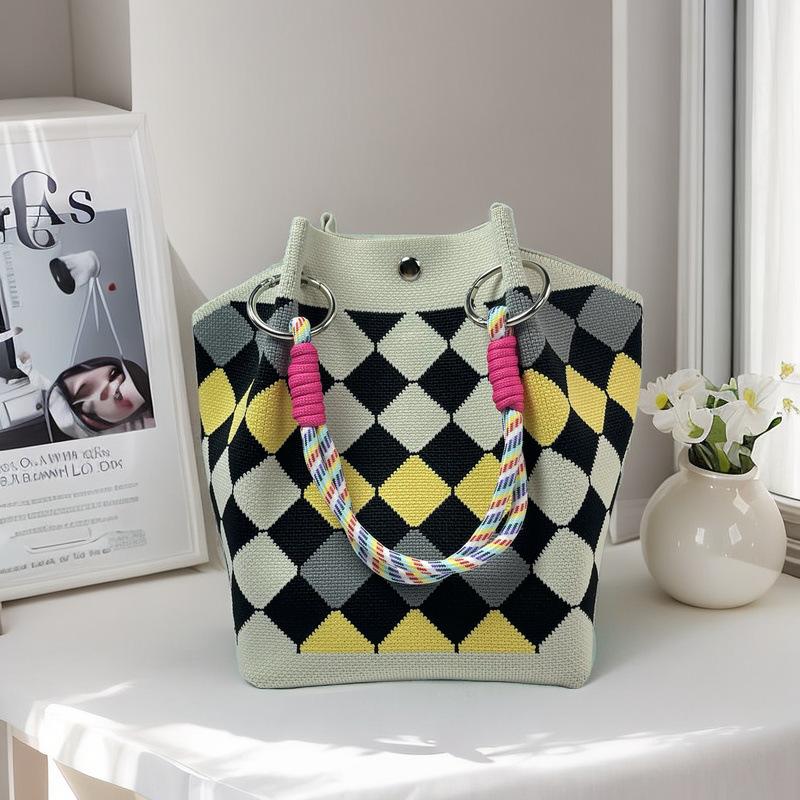 Boho Woven Polyester Bucket Bag, Handmade Knitted Crochet Shoulder Bag for Travel and Beach