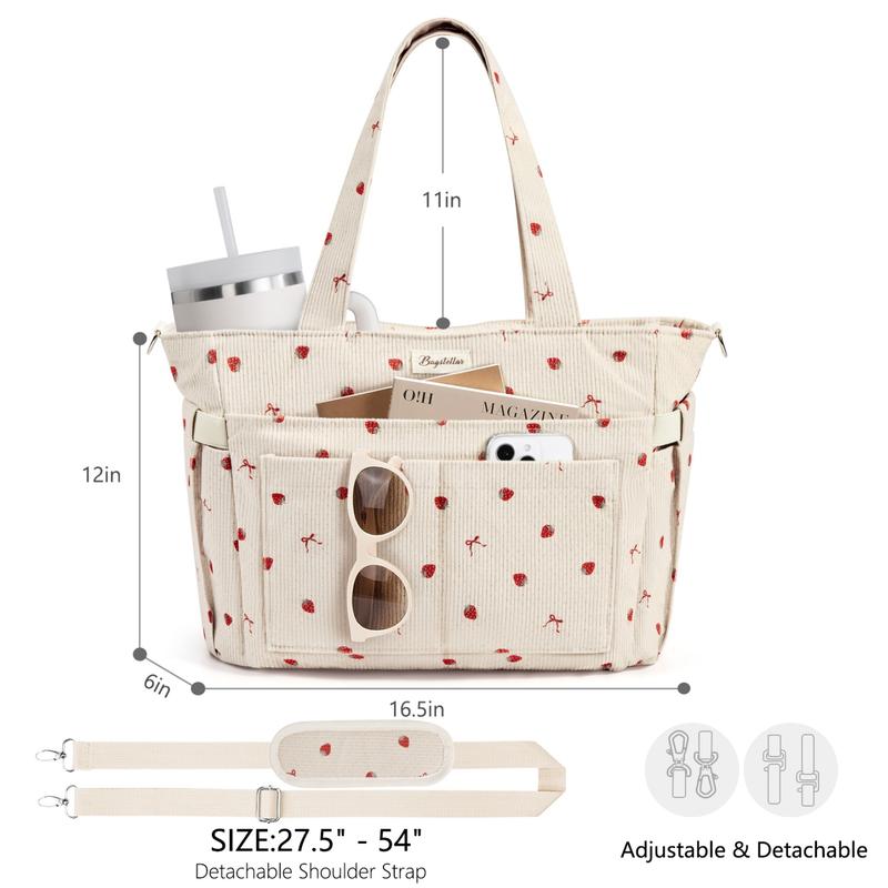Corduroy Tote Bag for Women, 15.6 inch Laptop Work Bag with Large Cup Holder