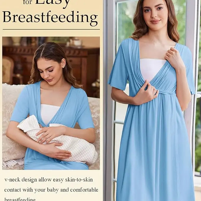Women's Maternity Dress - Stretchy V-Neck Nursing Gown with Skin-to-Skin Access