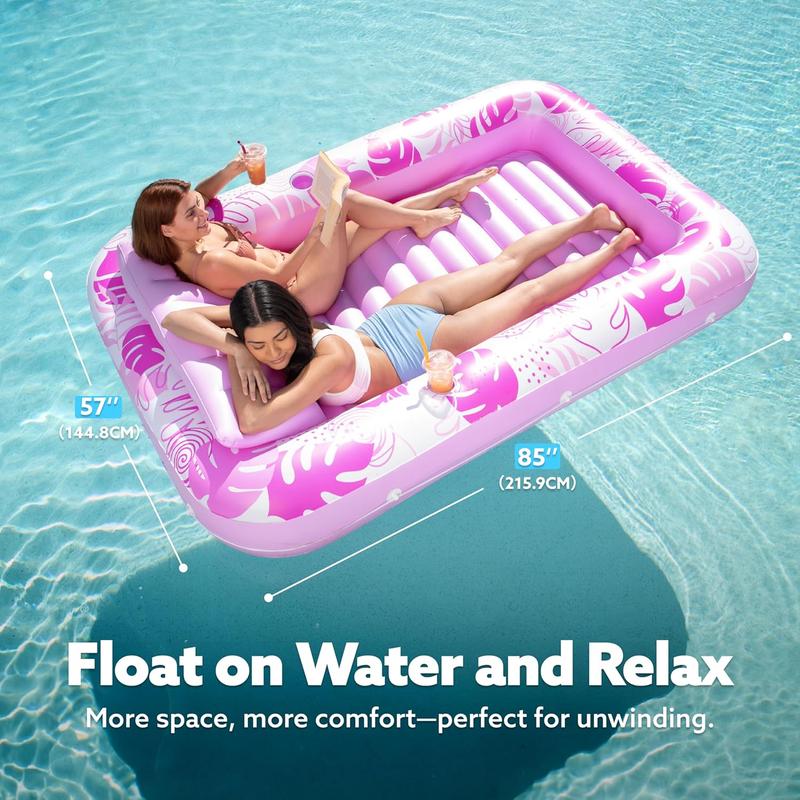 Extra Large Inflatable Tanning Pool Lounge Float with Cup Holder and Pillow, 4-in-1 Sunbathing Bed