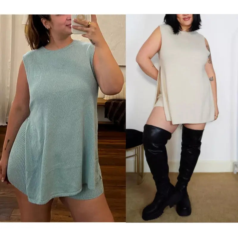 Women's 2 Piece Summer Knit Sweater Set - Sleeveless Tunic Top and Matching Shorts