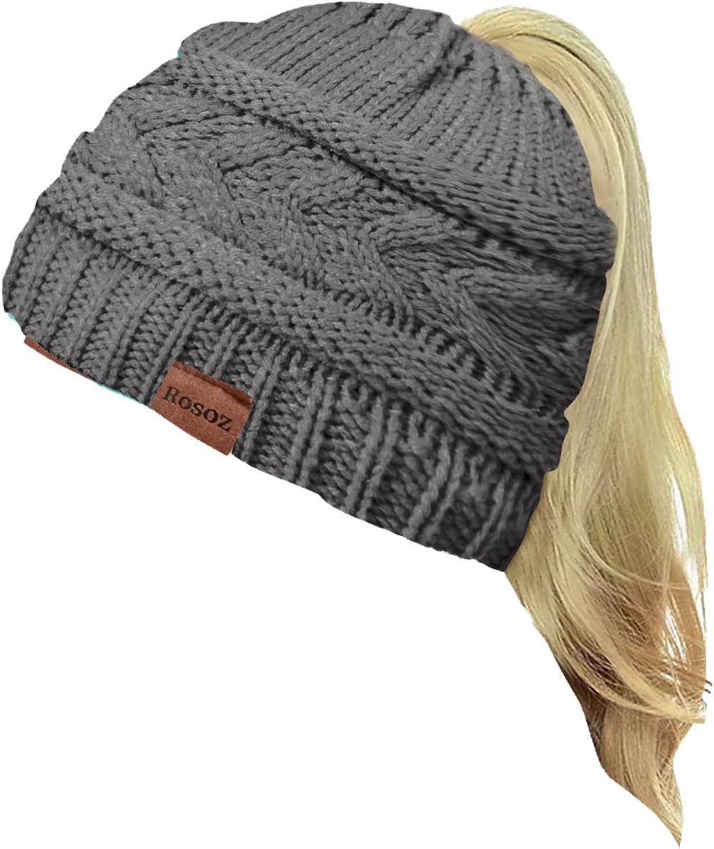 2 Pack Ponytail Beanie for Women, Winter Warm Soft Stretch Cable Knit Messy High Bun Hat