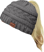 2 Pack Ponytail Beanie for Women, Winter Warm Soft Stretch Cable Knit Messy High Bun Hat