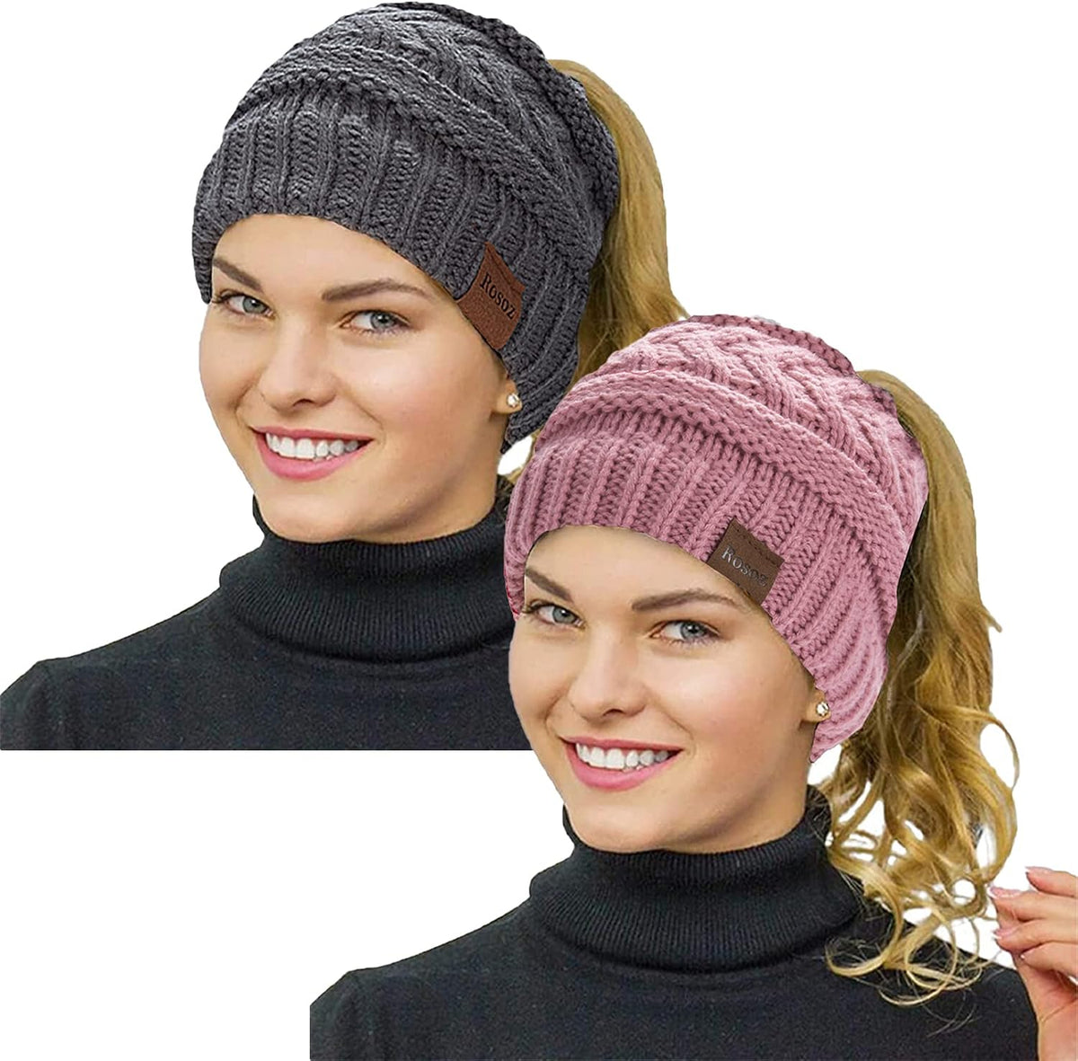 2 Pack Ponytail Beanie for Women, Winter Warm Soft Stretch Cable Knit Messy High Bun Hat