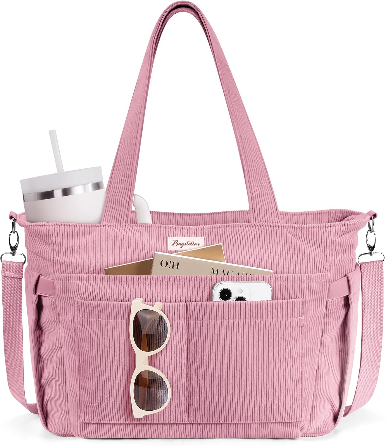 Corduroy Tote Bag for Women, 17 Pockets Laptop Work Bag with 40oz Cup Holder