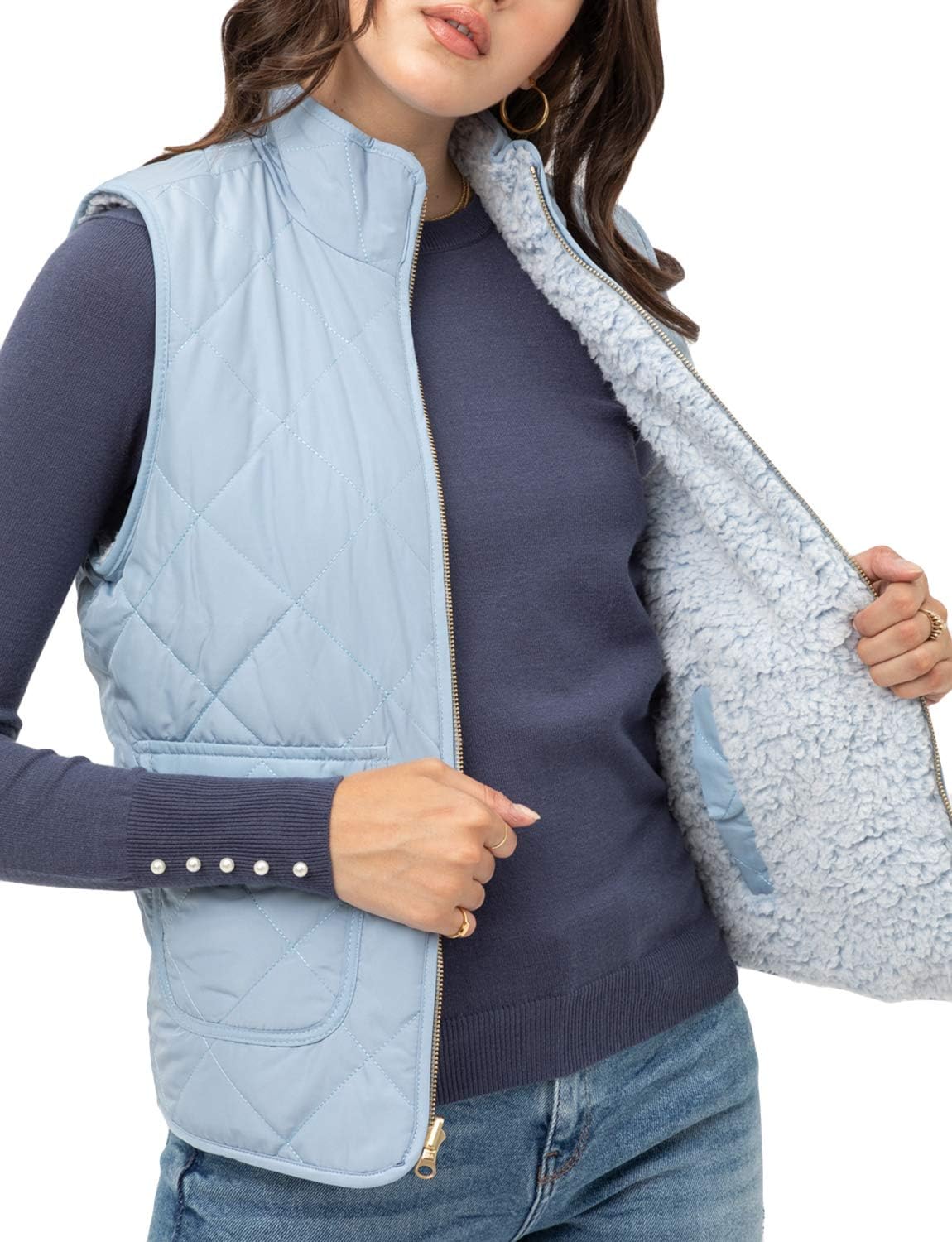 Women’s Quilted Vest - Reversible Lightweight Sleeveless Full Zip Up Faux Fur Lining Gilet Jacket with Pockets