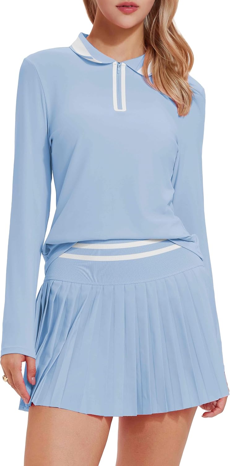Tennis Skirt Sets for Women Zipper Color Block High Waisted Golf Polo Two Piece Skirt Set Women 2 Piece Outfits