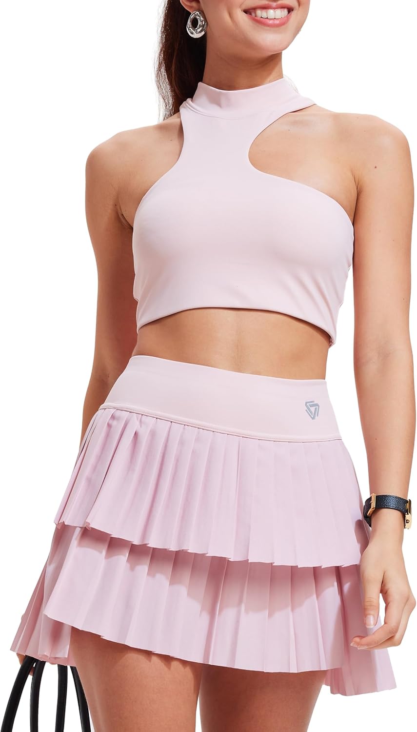 Tennis Skirt Sets for Women Half High Collar Irregular Bra Double Ruffle Golf Skirt Set Women 2 Piece Outfits