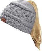 2 Pack Ponytail Beanie for Women, Winter Warm Soft Stretch Cable Knit Messy High Bun Hat