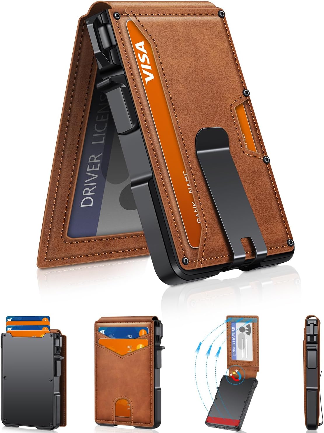 Minimalist Slim Wallet for Men - RFID Blocking Pop Up Card Holder with Money Clip & ID Window