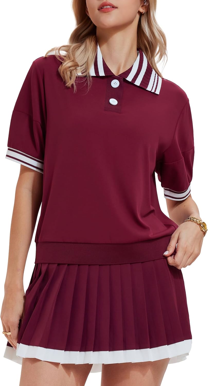 AFZ Women Tennis Skirt Set Color-Block Ribbed Tennis Shirt Athletic Dress Golf Skorts for Pickleball Pockets