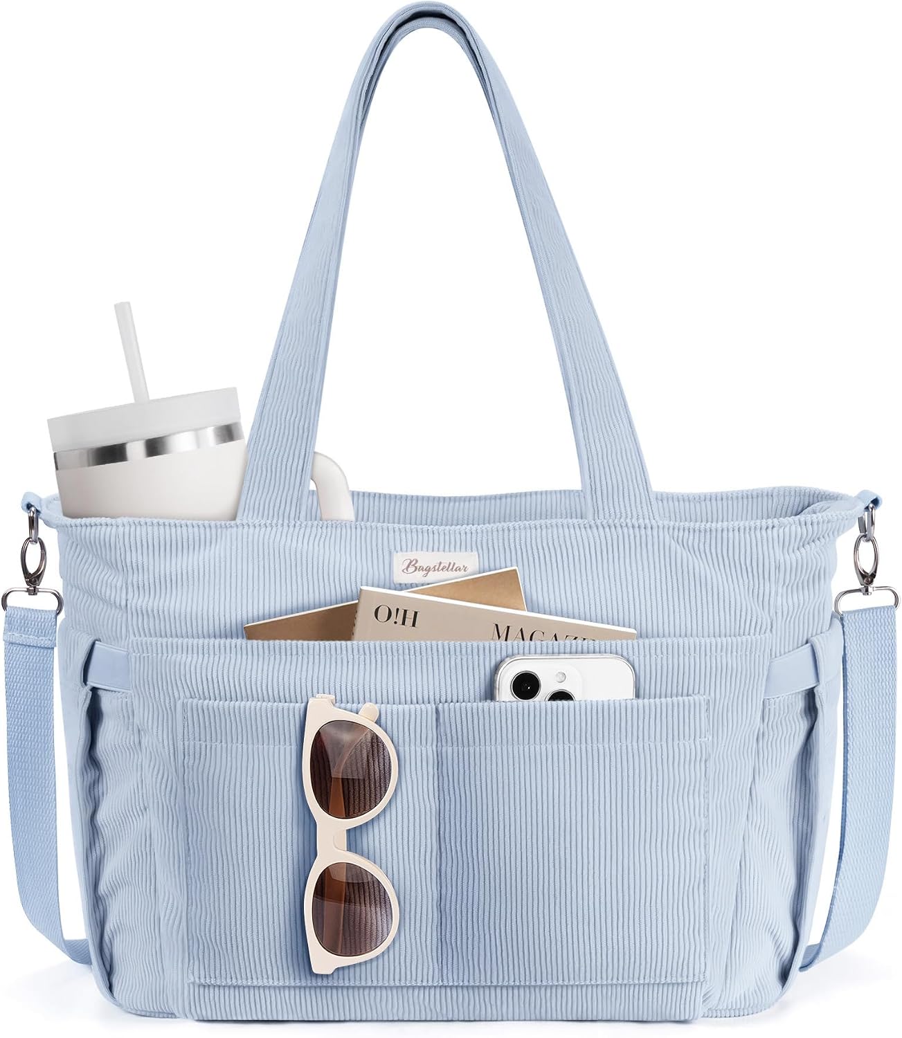 Corduroy Tote Bag for Women, 17 Pockets Laptop Work Bag with 40oz Cup Holder