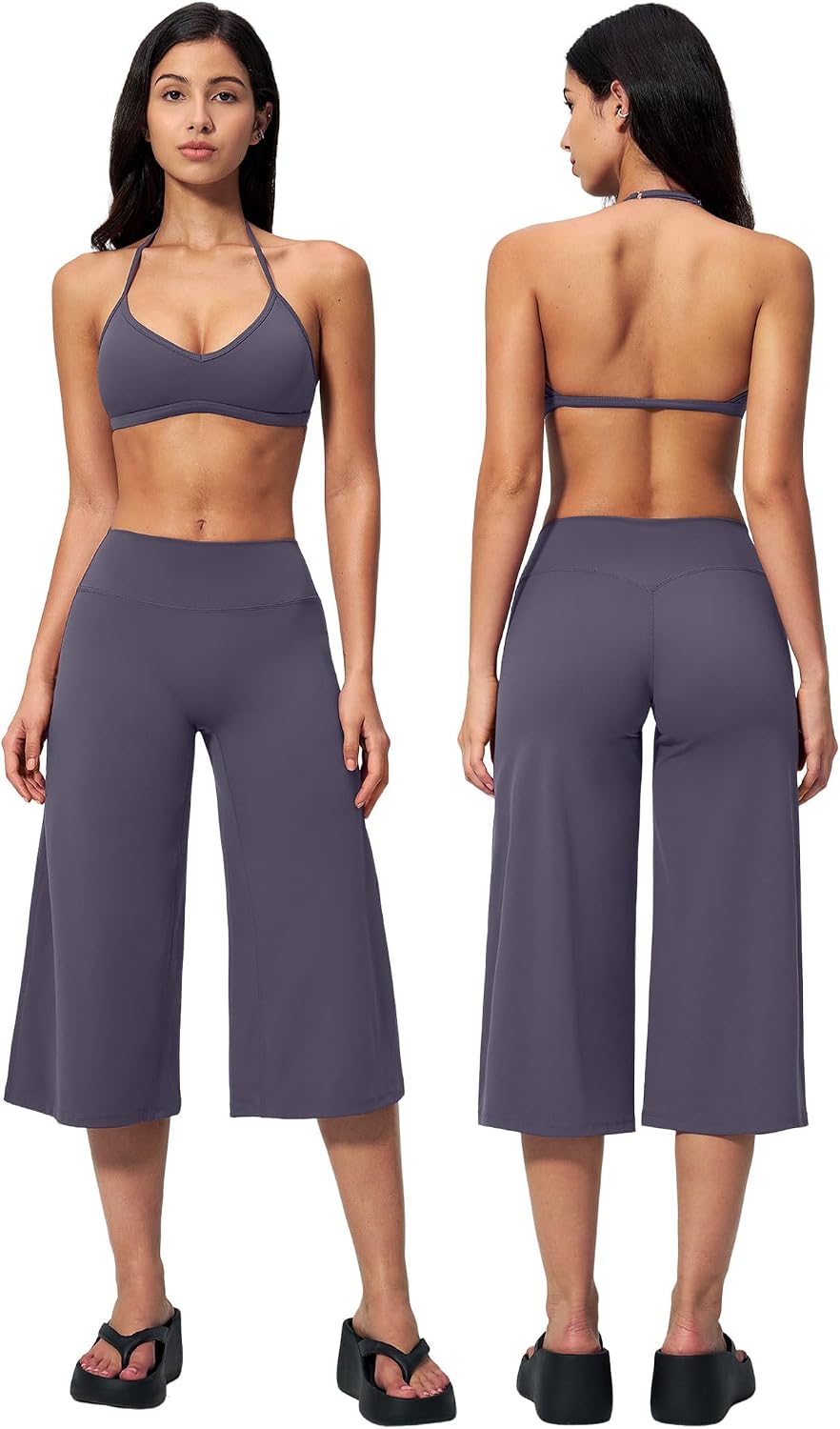 Women's 2-Piece Workout Set - Halter Sports Bra and Wide Leg Capri Pants for Yoga and Pilates