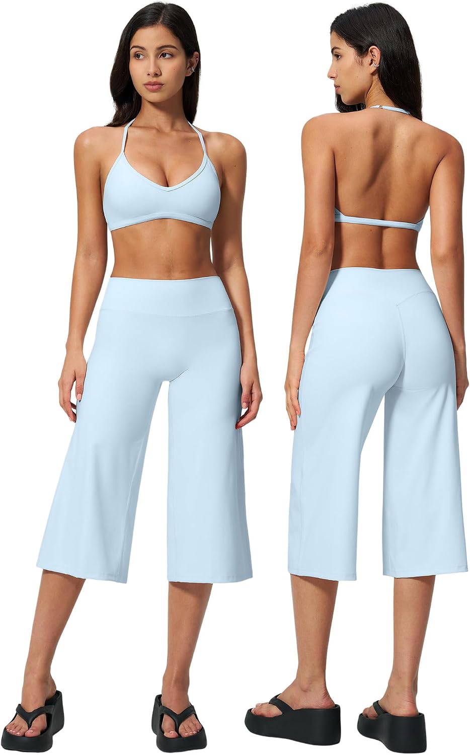 Women's 2-Piece Workout Set - Halter Sports Bra and Wide Leg Capri Pants for Yoga and Pilates