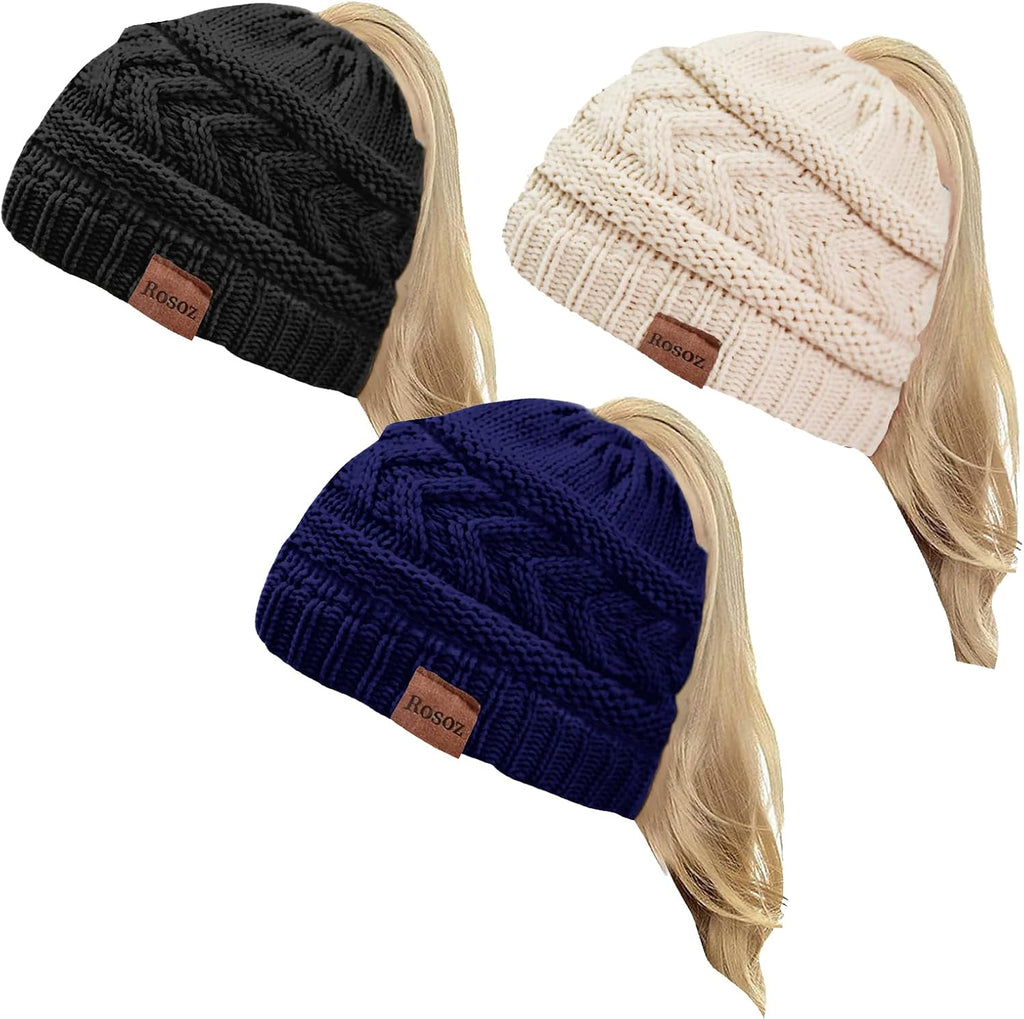 2 Pack Ponytail Beanie for Women, Winter Warm Soft Stretch Cable Knit Messy High Bun Hat