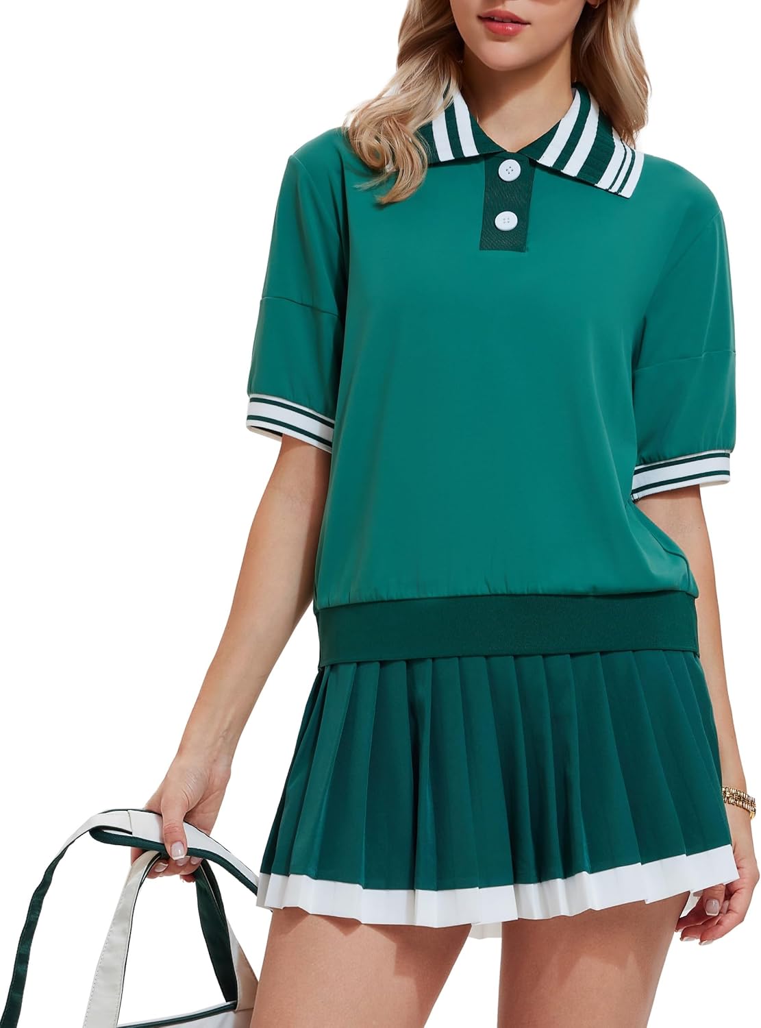 AFZ Women Tennis Skirt Set Color-Block Ribbed Tennis Shirt Athletic Dress Golf Skorts for Pickleball Pockets