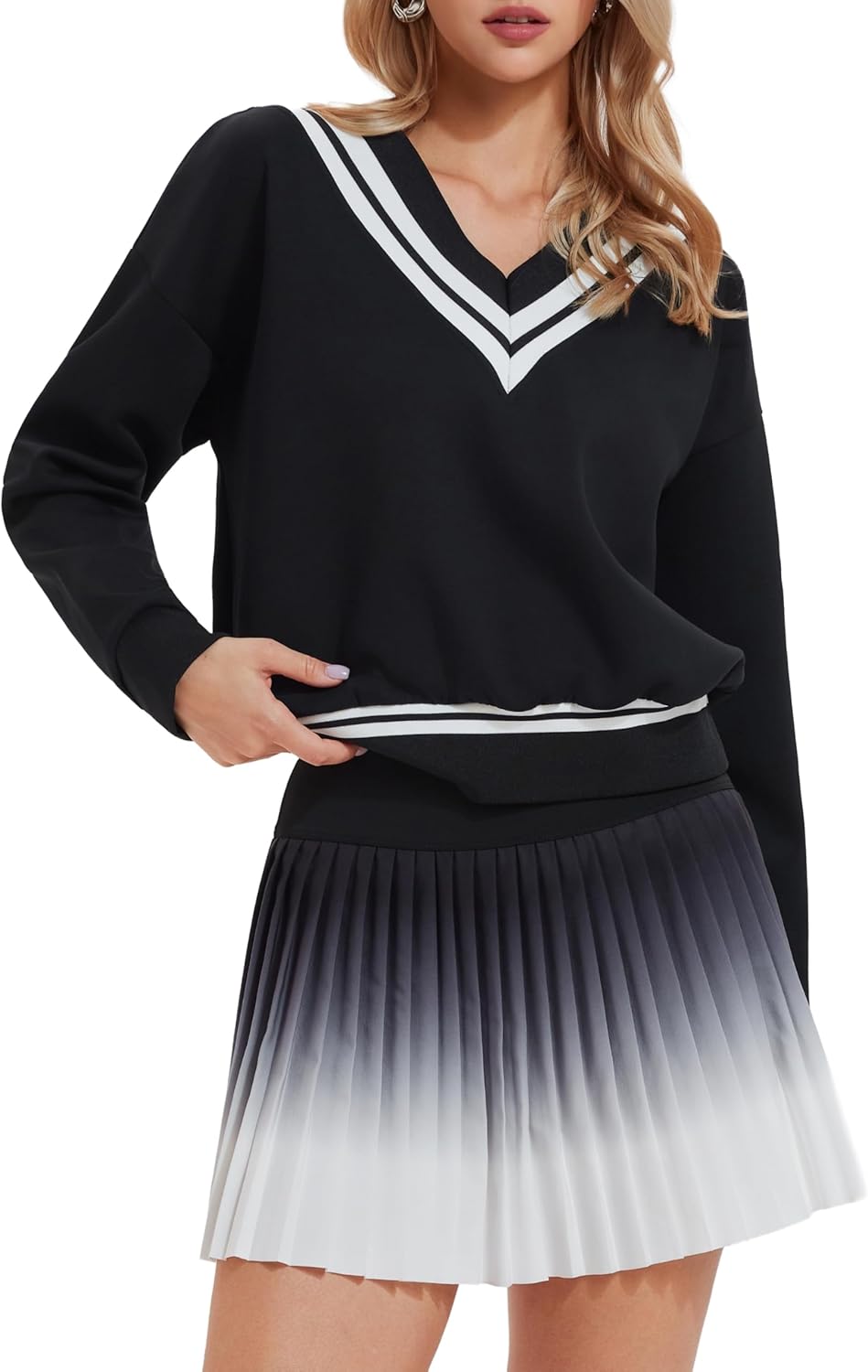 AFZ Two Piece Tennis Sets for Women Casual Sweatshirt Skirt Set Long Sleeve Golf Sweatsuits Athletic Tennis Outfits