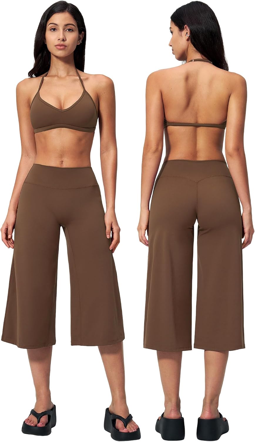 Women's 2-Piece Workout Set - Halter Sports Bra and Wide Leg Capri Pants for Yoga and Pilates