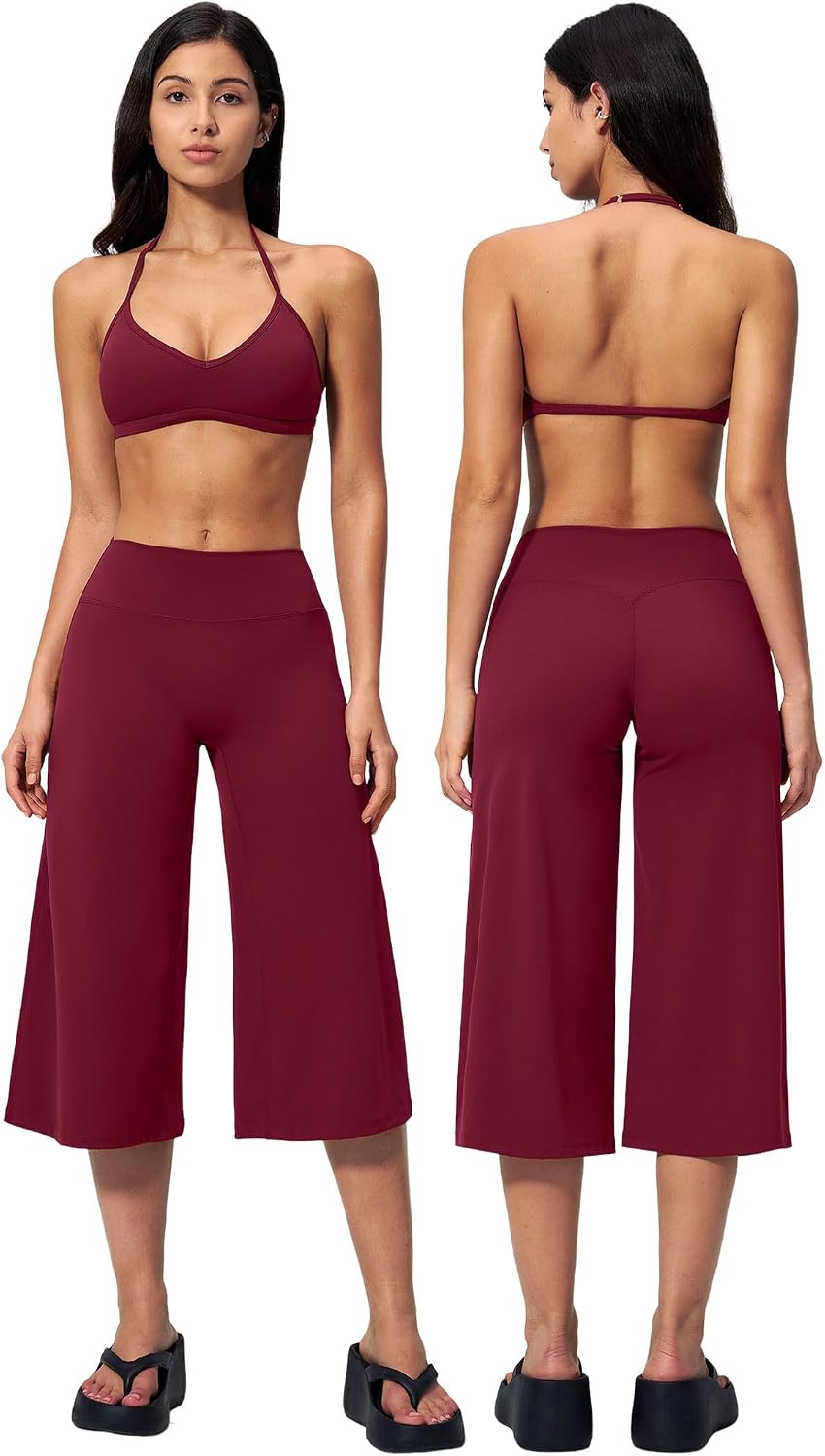 Women's 2-Piece Workout Set - Halter Sports Bra and Wide Leg Capri Pants for Yoga and Pilates