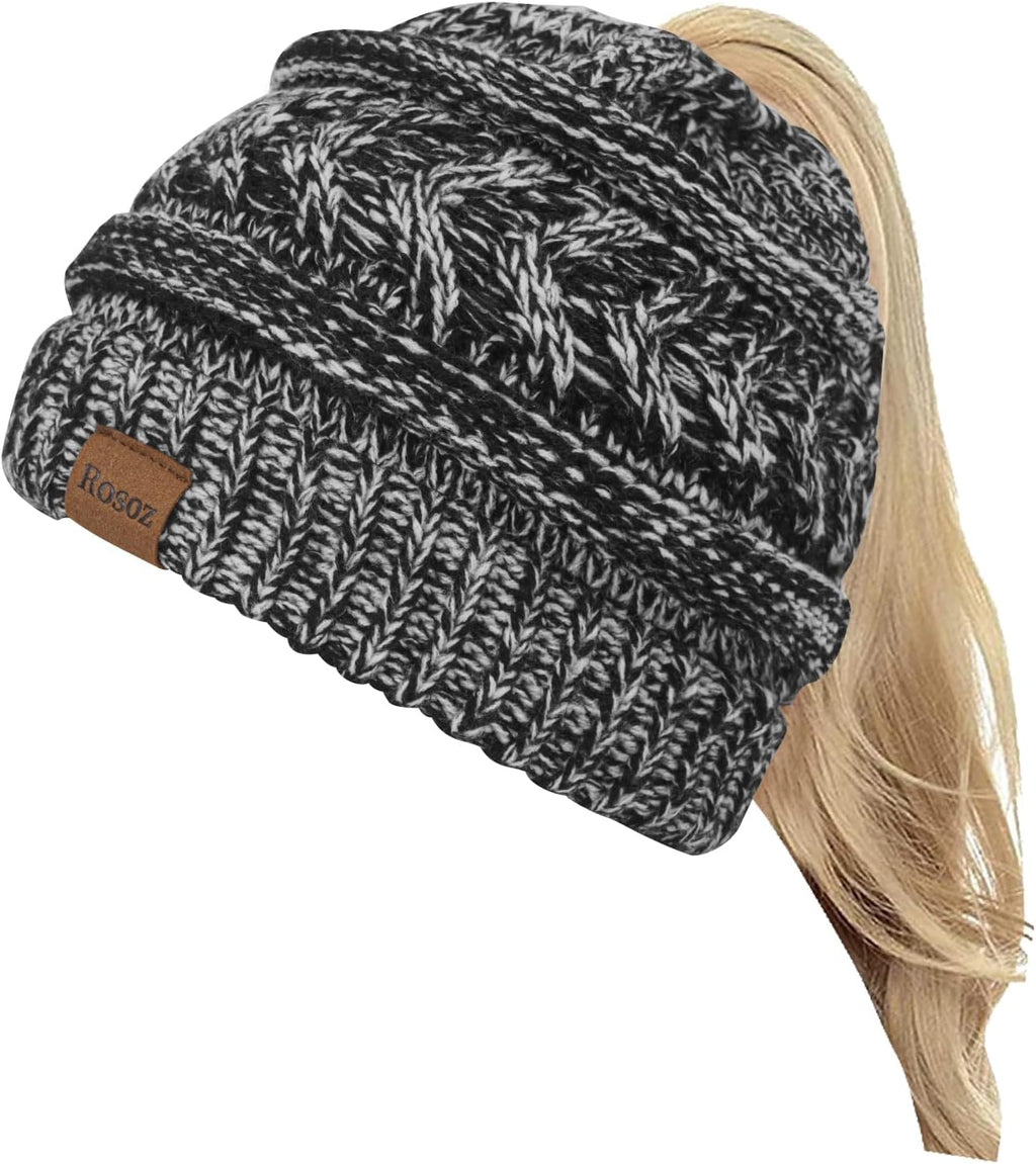 2 Pack Ponytail Beanie for Women, Winter Warm Soft Stretch Cable Knit Messy High Bun Hat