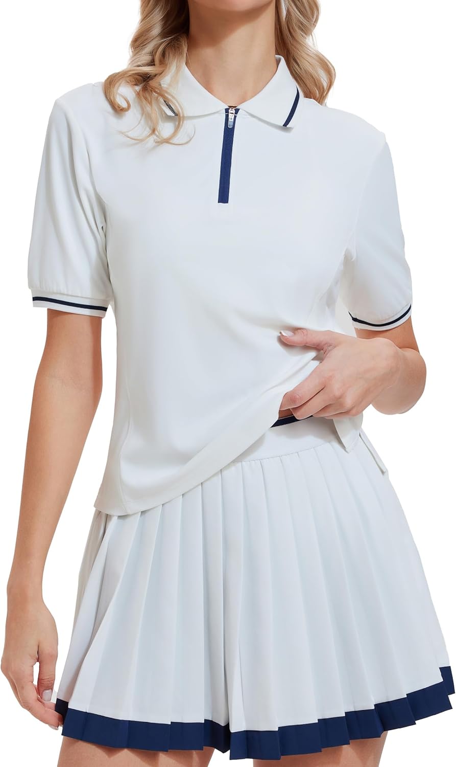 AFZ Women 2 Piece Tennis Skirt Set Color-Block Zip Up Tennis Shirt Athletic Dress Golf Skorts for Pickleball