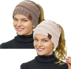 2 Pack Ponytail Beanie for Women, Winter Warm Soft Stretch Cable Knit Messy High Bun Hat