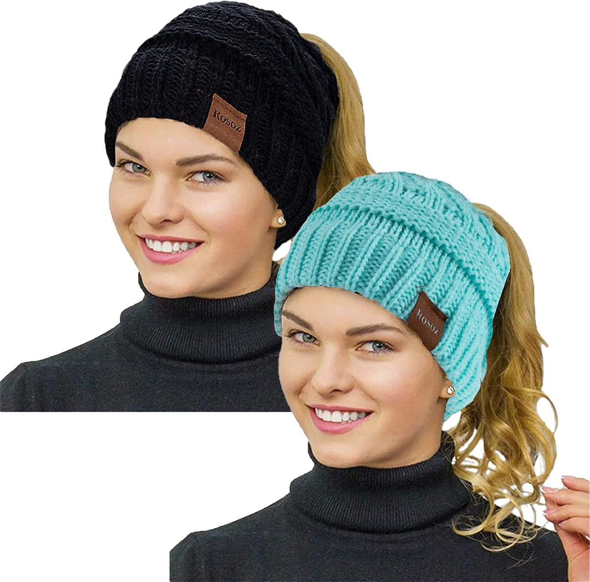 2 Pack Ponytail Beanie for Women, Winter Warm Soft Stretch Cable Knit Messy High Bun Hat